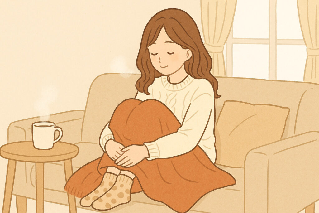 手足の冷え対策としてブランケットで温まる女性のイラスト|冬の冷えとむくみ改善の記事用【北浦和西口カイロプラクティック】