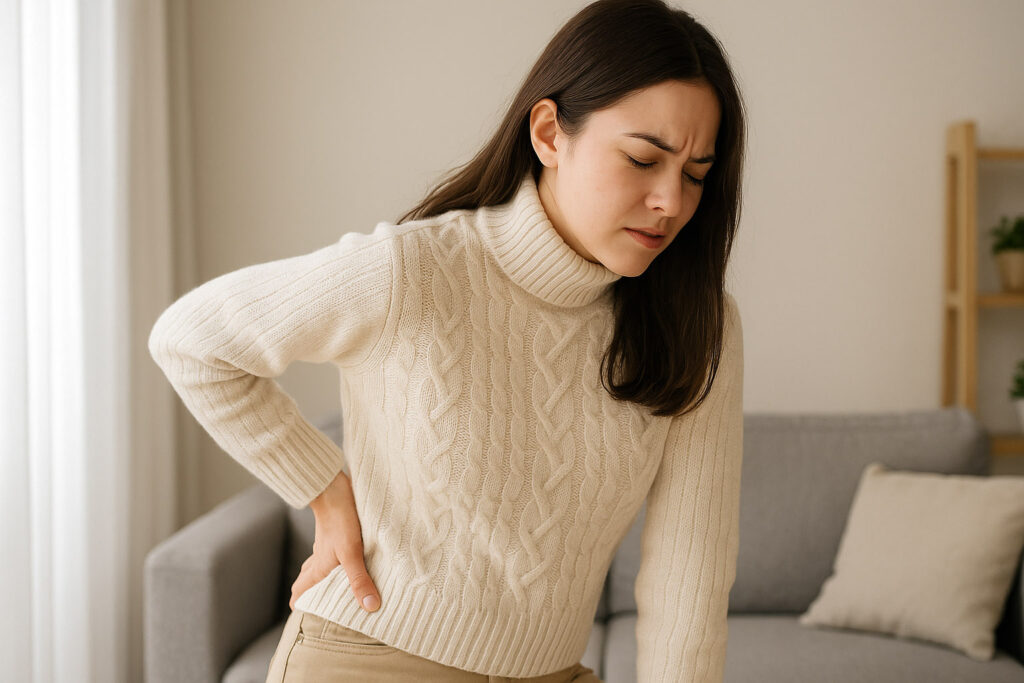 冬の室内で腰を押さえて痛みを感じる女性の写真|冬に悪化する腰痛の記事用【北浦和西口カイロプラクティック】