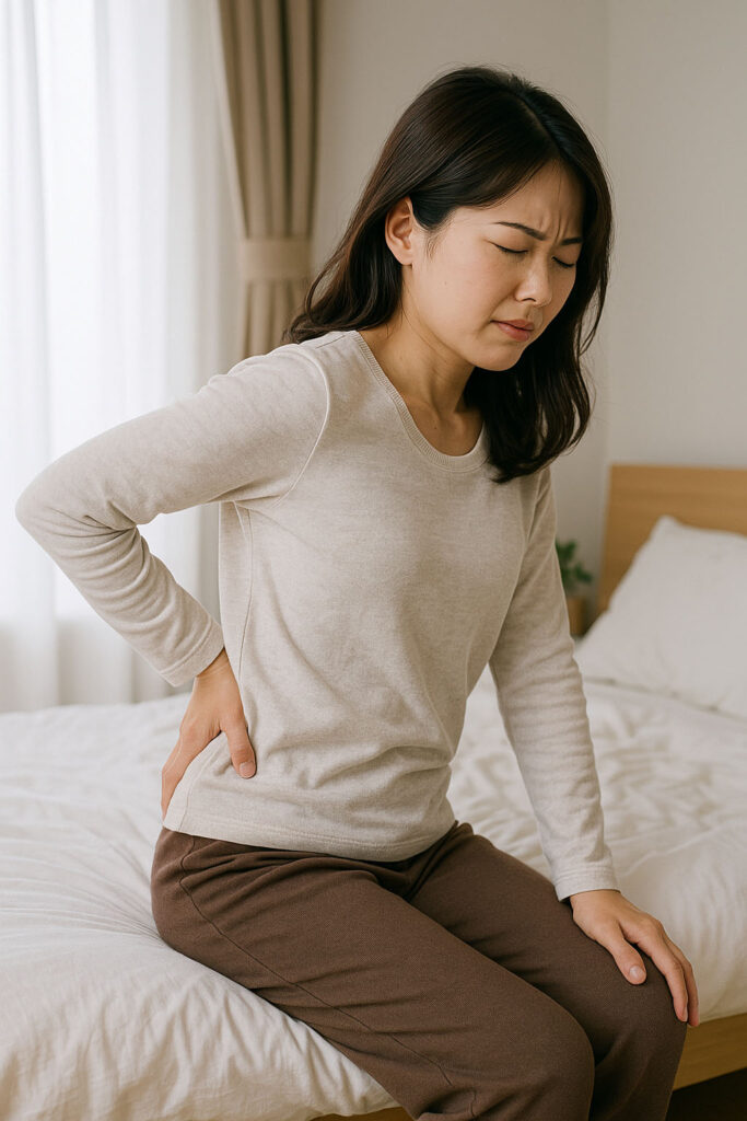 朝起きて腰を押さえて痛みを感じる女性の写真|寝起きの腰痛の記事用【北浦和西口カイロプラクティック】