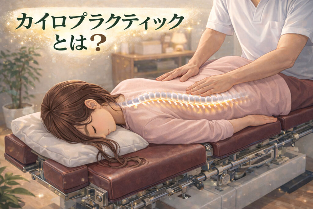 トムソンテーブルでうつ伏せのまま背骨を調整するカイロプラクティック施術のイラスト｜背骨と神経の働きを整える施術イメージ【北浦和西口カイロプラクティック】