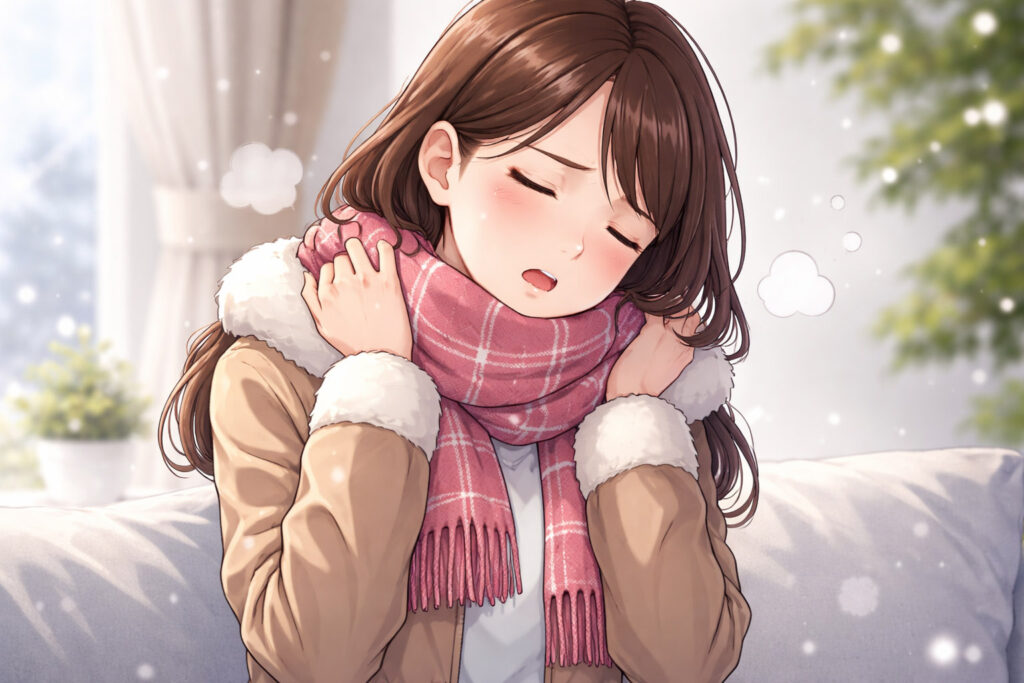 冬の屋外でマフラーを巻き首や肩を押さえる女性のイラスト|冬に悪化する肩こり・首こりの記事用【北浦和西口カイロプラクティック】