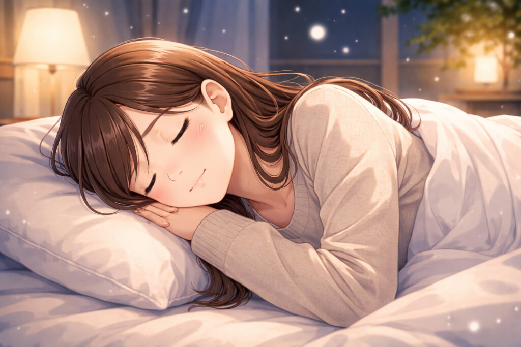 夜の寝室でリラックスして眠る女性のイラスト｜自律神経と睡眠の関係・快眠サポートの記事用【北浦和西口カイロプラクティック】