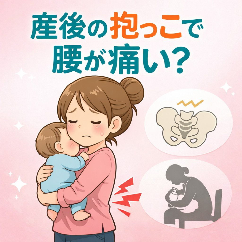 産後の抱っこで腰痛が起こる原因や姿勢を解説するイメージ