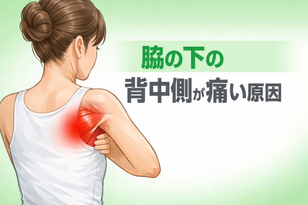 脇の下の背中側を押すと痛い原因となる広背筋の位置と肩こりによる痛みのイメージ