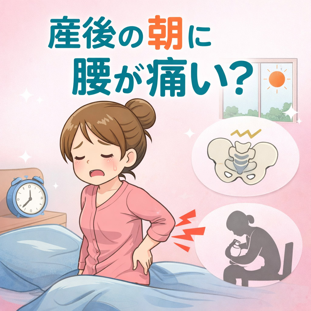 産後の朝に腰が痛い原因や起き上がり方を解説するイメージ