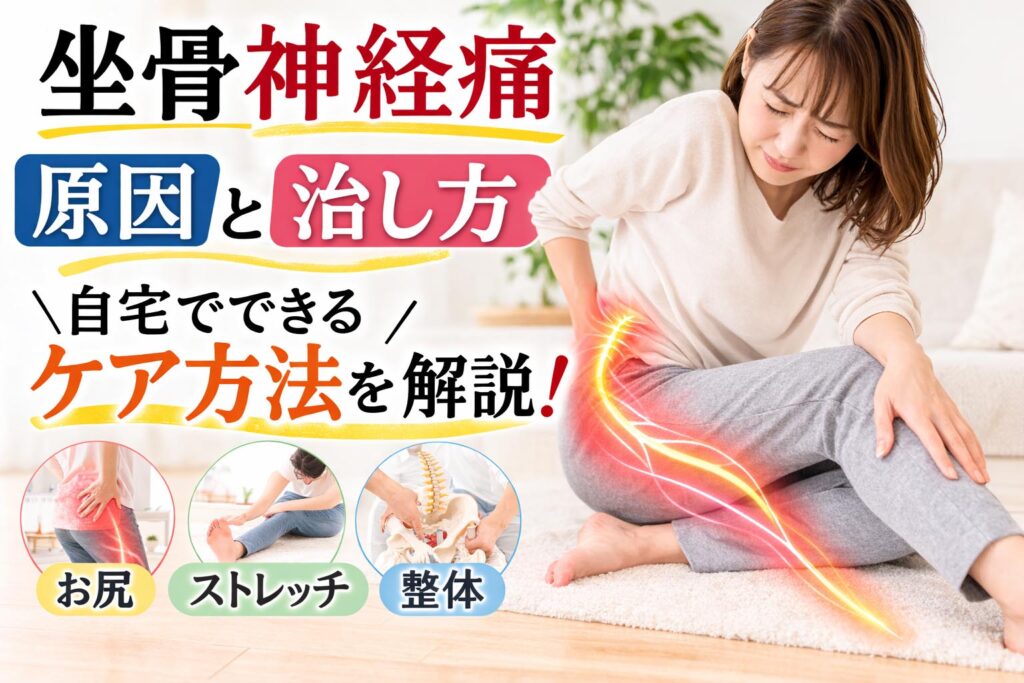 坐骨神経痛の原因と治し方を解説するイメージ｜腰から足にかけての神経痛を示した図