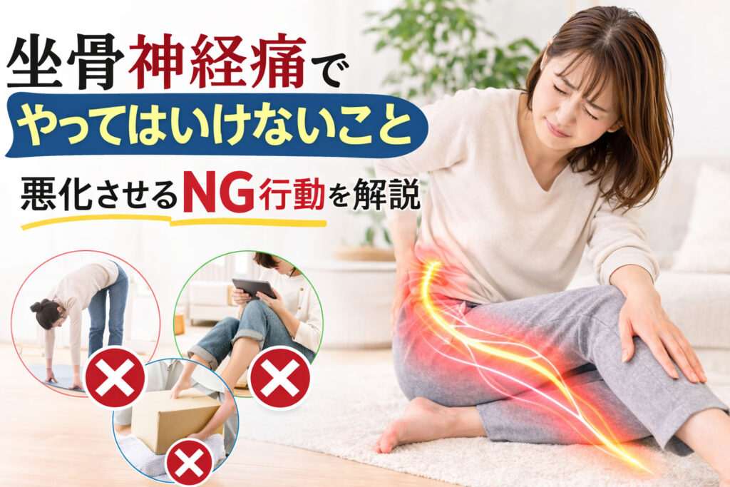 坐骨神経痛でやってはいけないことを解説するイメージ｜腰から脚にかけての神経痛とNG行動