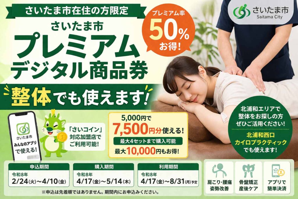 さいたま市プレミアムデジタル商品券は整体でも使える｜最大50％お得・北浦和西口カイロプラクティック【骨盤矯正×整体】